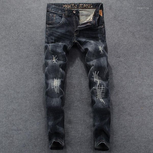 

italian style fashion men jeans embroidery patchwork ripped jeans men denim punk pants streetwear hip hop homme1, Blue