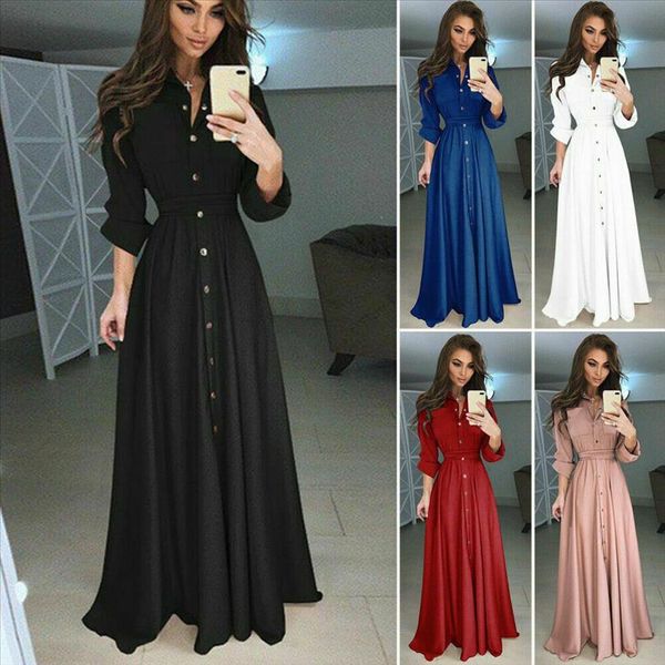 

autumn fashion womens ladies casual high waist solid botton belt pocket long sleeve boho evening party bodycon maxi summer dress, Black;gray