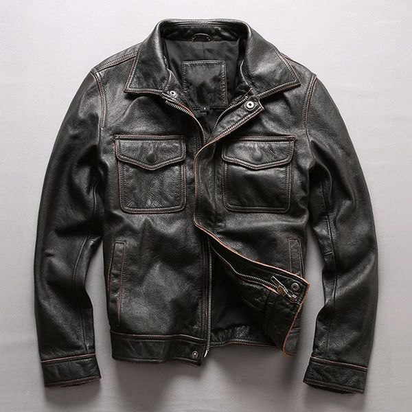 

2018 new men vintage brown genuine motorcycle leather jacket casual thick cowskin slim fit jacket winter coats1, Black