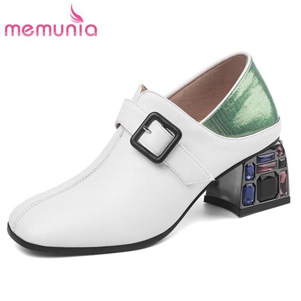 

dress shoes memunia 2021 genuine leather women pumps round toe buckle spring summer crystal heel party ladies1, Black