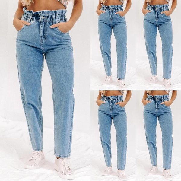 

fashion ladies casual trousers straight leg pants elastic waist women jeans1, Blue