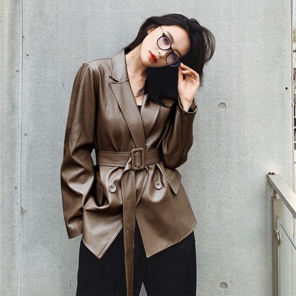 

2021 new leather of female plutonium beautiful korean spring loose locomotive mid-length solid suit 8v jacket btdt, Black