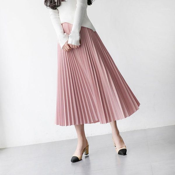 

2020 spring women chiffon pleated skirt high waist women a-line skirt female solid elegant saia outwear1, Black