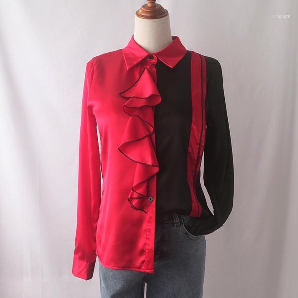 

autumn 2020 fashion women's long sleeves turn down collar ruffles patchwork color shirts female shirt blouse a35751, White