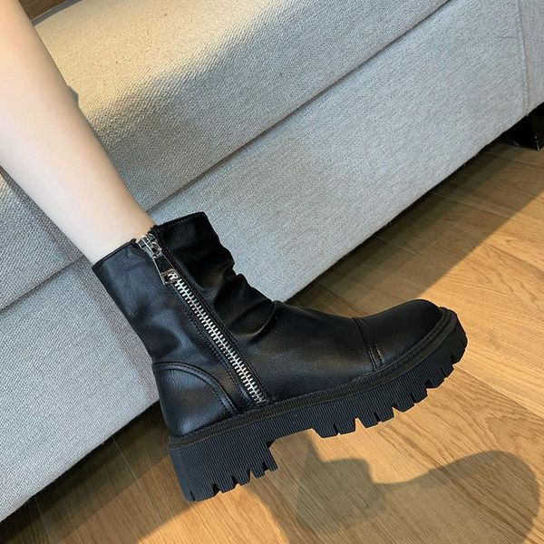 

genuine leather boots rubber women's shoes 2020 zipper platform woman booties black for women