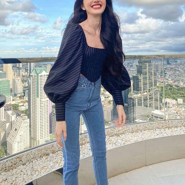 

style autumn winter women's square neck ins irregular short lantern sleeve striped t-shirt, Black;gray