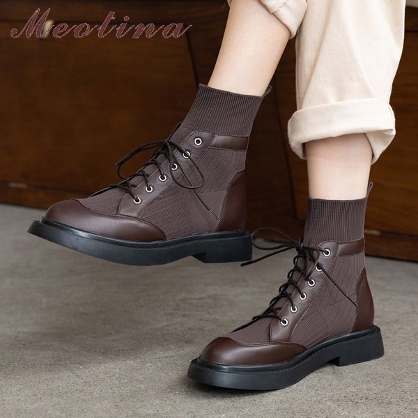 

meotina autumn ankle boots women natural genuine leather flat short boots knitting lace up round toe shoes female winter size 39 t200425, Black