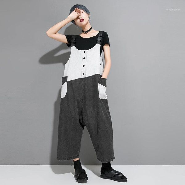 

women summer plus size fashion splice loose casual suspender pants overalls female streetwear hip hop harem bib trouser1, Black;white