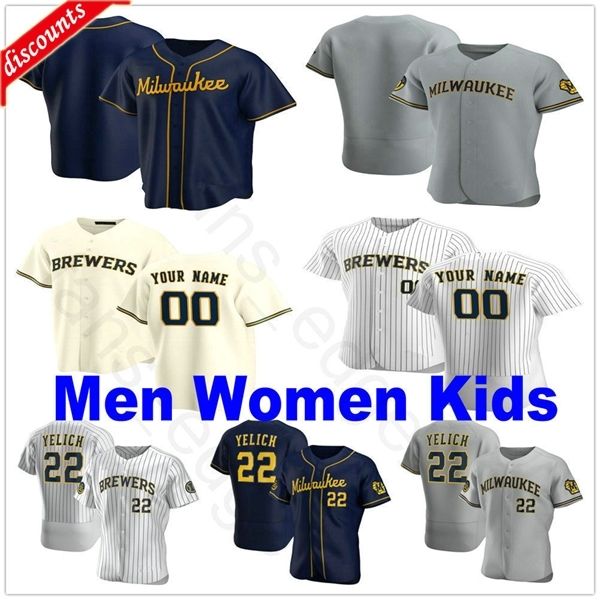 

2020 new custom men women kids youth #22 christian yelich 3 orlando arcia 7 eric thames 6 lorenzo cain stitched baseball jerseys, Blue;black