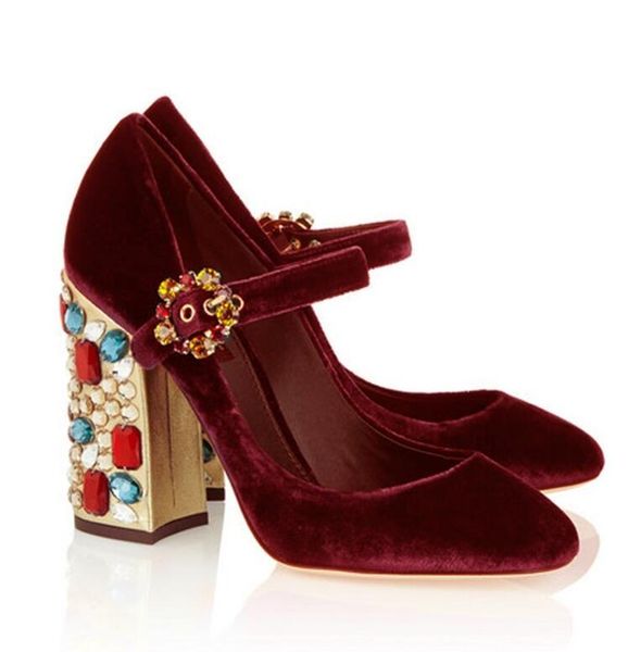 

mary janes purple velvet glass slippers chunkly high-heeled pumps for woman ankle straps thick heels shoes, Black