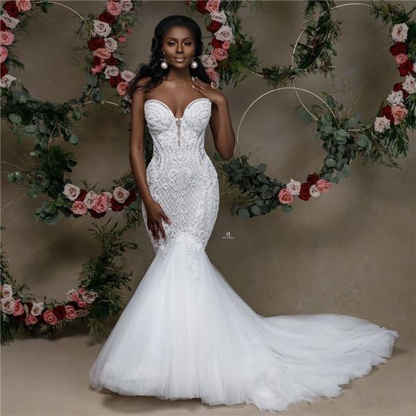 

2021 new african dear mermaid strapless ribbon frizzy applique wedding dress oocc, White