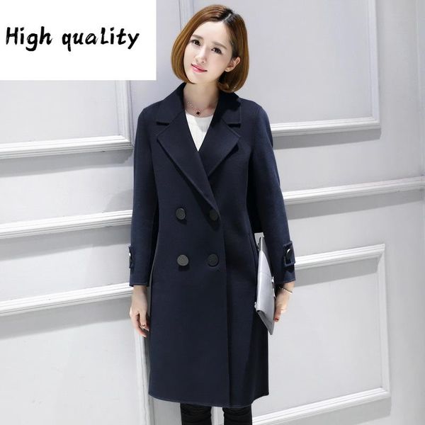 

2020 spring new autumn double-side cashmere coats long 100% wool coat female korean ruffles winter jacket women ks1929, Black