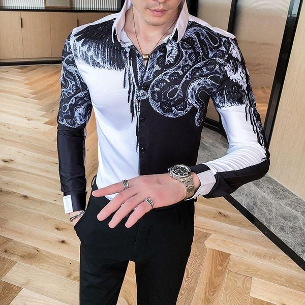 

men's dress shirts 2021 autumn korean slim fit men long-sleeved shirt floral fashion formal for british style snake print1, White;black