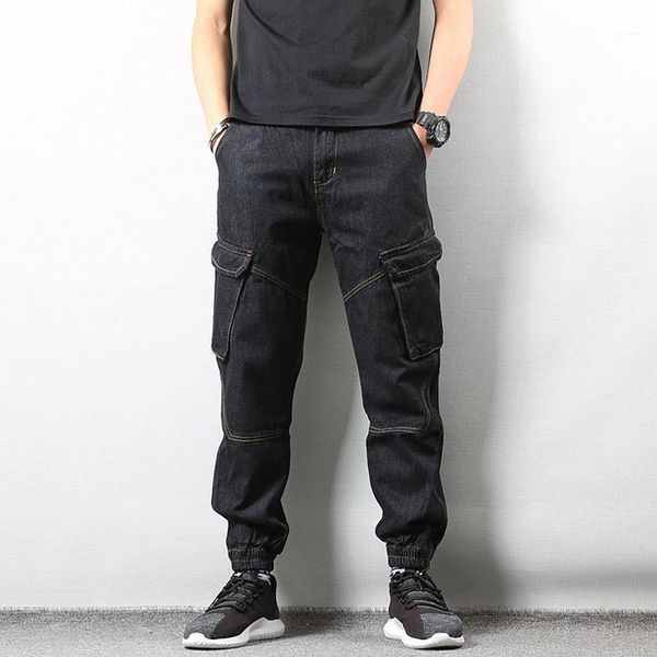 

fashion streetwear men jeans vintage designer black loose fit multi pockets cargo pants slack bottom hip hop jeans men joggers1, Blue