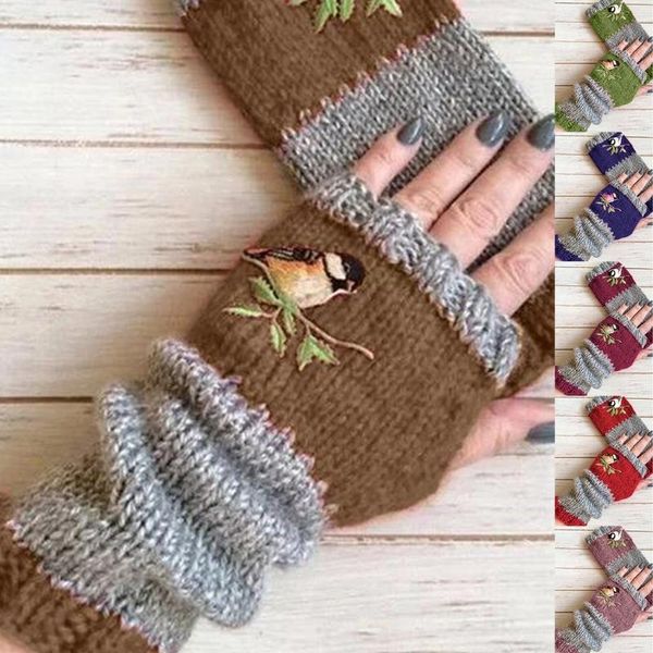 

women winter knitted fingerless gloves bird embroidered color block splice half finger mittens outdoor driving thumb hol, Blue;gray