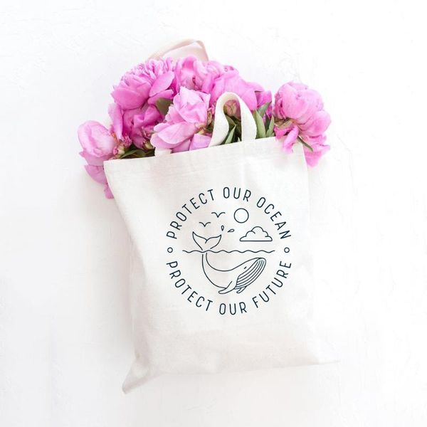 

women canvas shoulder bag rotect our ocean protect our future printing shopping bags students' book bag handbags tote for girls