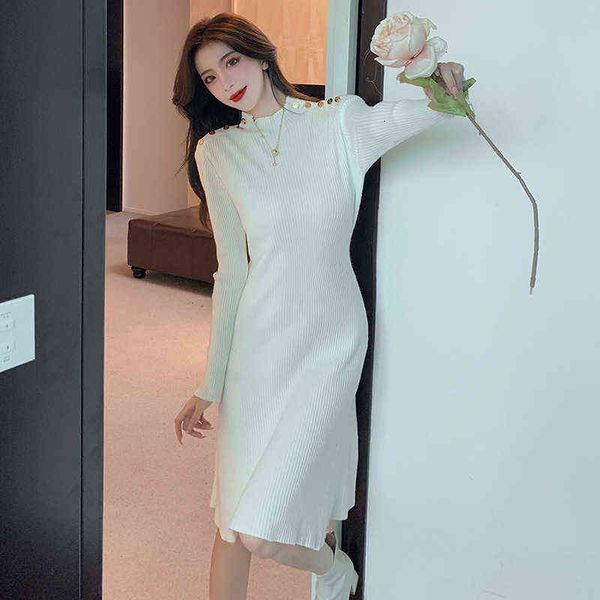 

casual dresses autumn and winter 2022 french style knitted slim button wool drs, Black;gray