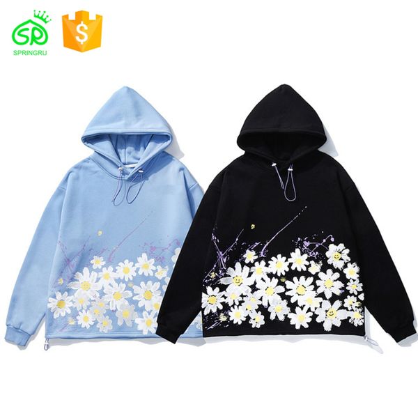 

custom european and american high street flower print men hoodies, Black