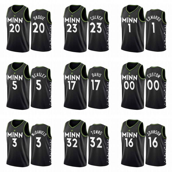 

custom 2020 forest wolf city black style jerseys 20 okogie 23 culver 1 edwards 5 beasley 17 davis 00 custom basketball jersey, Black;red