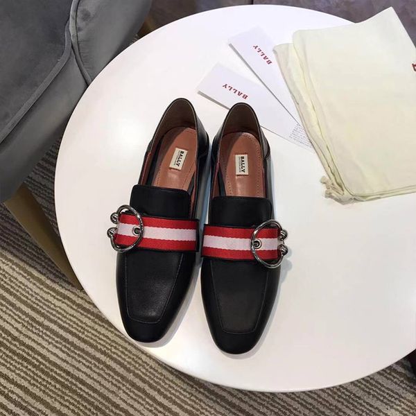 

designer womens lofers luxury black red ribbon wth metal buckle decoration flat heel with box size 35-40