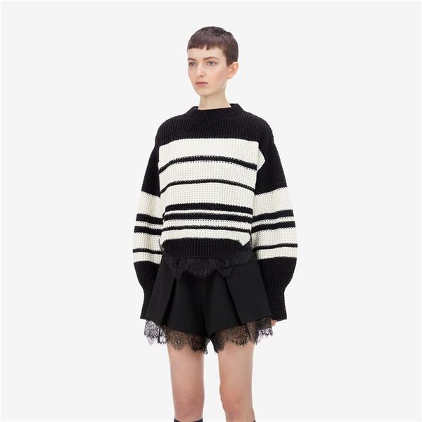

2020 autumn winter oversize women sweaters black white striped knitted clothing1, White;black