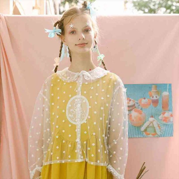 

summer women lace blouse peter pan collar dots translucent sun protection clothing long sleeve sweet shirts top, White
