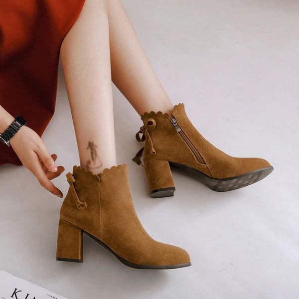 

boots big size ma'am coarse heel short pure color boot barrel suede high-heeled, Black