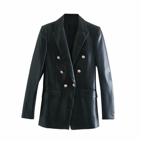 

elegant women faux leather blazer 2020 fashion office ladies breasted double jacket streetwear female pocket blazer girls chic lj201214, White;black