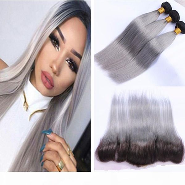 

1b grey ombre brazilian straight hair with frontal ear to ear lace frontal closure with bundles striaght lace frontal weave, Black;brown