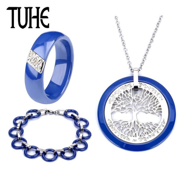 

3 pcs/Set Women Elegant Ocean Blue Ceramic Jewelry Set Circle Link Bracelet Hollow Life Of Tree Necklace Crystal Ceramic Rings, Silver