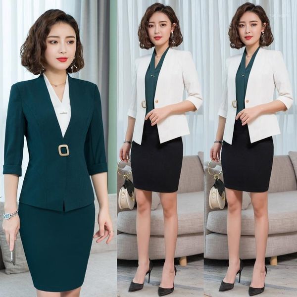 

fashion green blazer for women skirt suits office ladies business work wear sets half sleeve jacket sets1, White;black