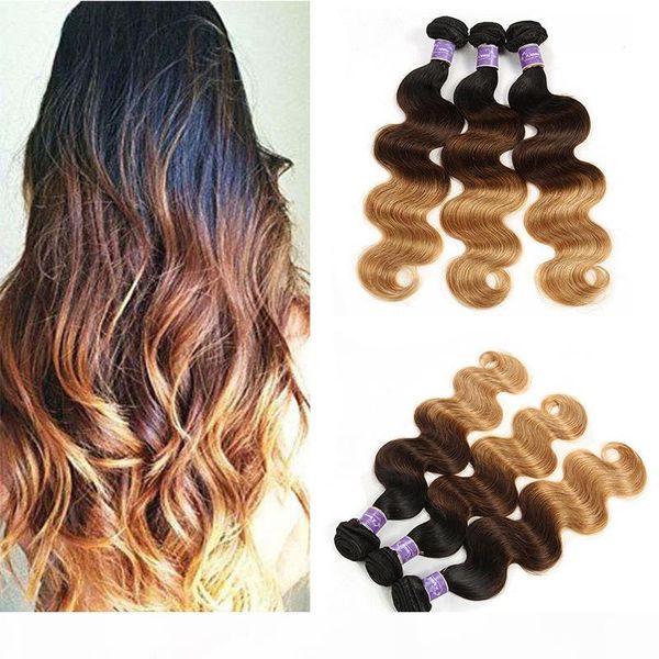 

colored brazilian hair 3 bundles body wave t 1b 4 27# three tone blonde ombre hair extensions wholesale virgin human hair weaves, Black
