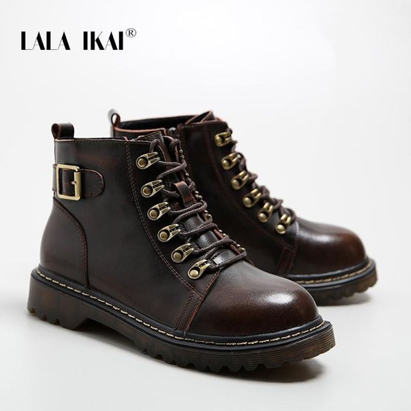 

lala ikai women retro ankle boots cowhide lace-up round head 2020 fashion buckle zip riding boots female autumn winter a30802-41, Black