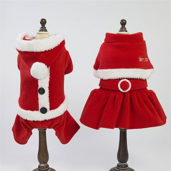 Natale Pet Dog Tuta Cat Clothes Warm Fleece Jumper Puppy Pet Pigiama Cane Abito rosso per cani di taglia piccola S-XXL Pet Supplies 201114