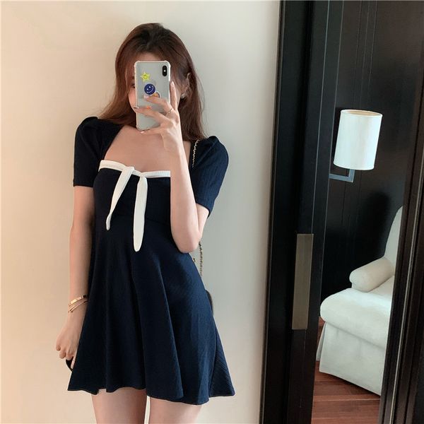 

2021 New Summer dress square turtleneck thin sleeve sexy mini skirt of women (r98282) CQOV, Black;gray