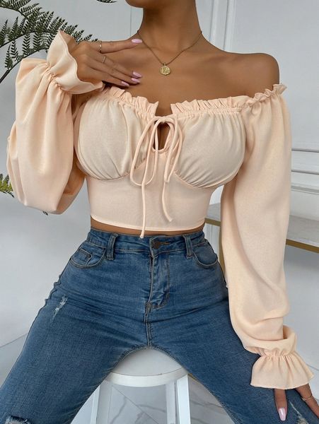 

frill trim bell sleeve ruched bust milkmaid m05m#, White