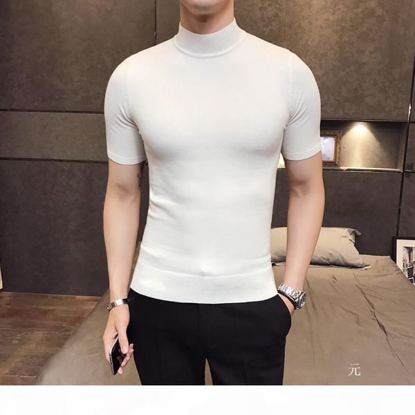 

2018 fashion short-sleeve sweater mens turtleneck sweaters brown cardigan mens british style basic slim fit gentleman sexy, Black;white