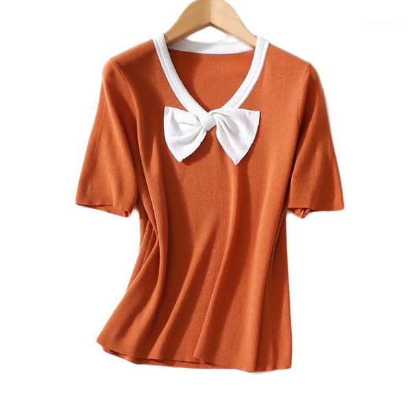 

women sweater spring / summer 2020 new women neckline bow tie thin short sleeve sweater, White;black