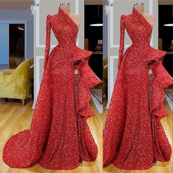 Dubai Arapça Kırmızı Pullar Dantel Denizkızı Prom Elbiseler Yüksek Yan Bölünmüş Bir Omuz Partisi Türk Vestidos Resmi Gowns Elbise Akşam Giyim 403