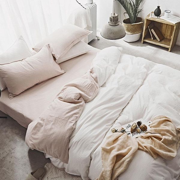 

bedding sets 4pcs quilt cover pillowcase washed cotton pure simple solid color sheets 3pcs student dormitory bedding1