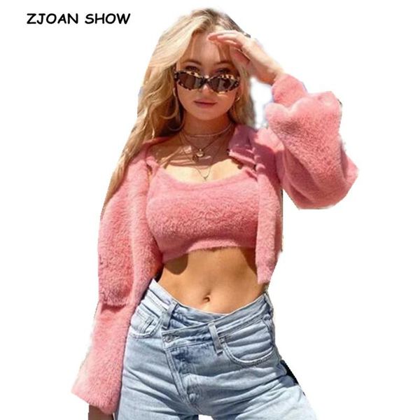 

1 set 2021 autumn korea style vintage shaggy knitting cardigan o neck single-breasted button tank knitted sweater jumper, White