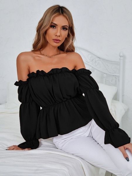 

off shoulder gathered sleeve peplum blouse r13x#, White