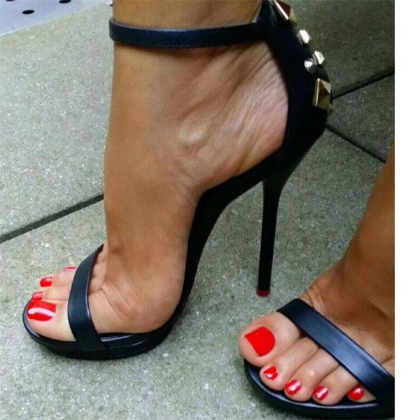 

original intention women sandals thin high heels open toe buckle rivet black solid shoes mature women plus us size5-15