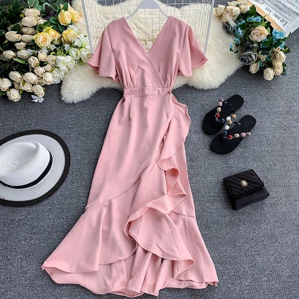 

2020 slim fashion asymmetrical ruffles v neck summer midi long dress party women casual elegant dresses irregular beach vestidos, Black;gray