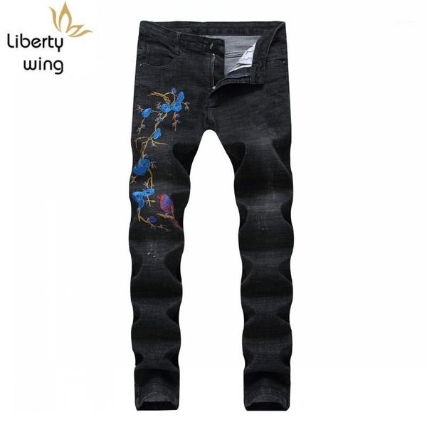 

men's jeans mens black straight pencil punk floral embroidery biker slim fit denim pants zipper casual trousers1, Blue