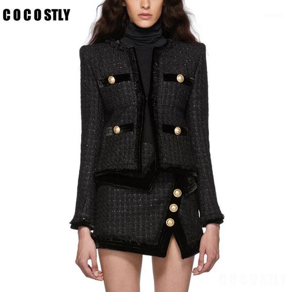 

fashion luxury women coats short jackets european design gold button o-neck black tweed jacket women's clothing1, Black;brown