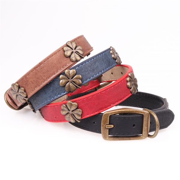 

pet supplies solid color adjustable pet dog collar pu material bronze decoration retro metal reinforcement collars