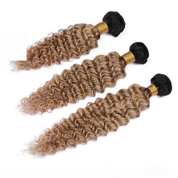 

#1b 27 honey blonde ombre indian virgin human hair 3bundles deep wave wavy weaves dark root light brown ombre human hair wefts 10-30, Black
