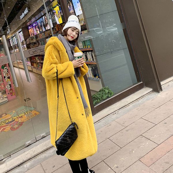 

female winter new fake rabbit gathering luxury women in long fur coat with warm thick hood parka jackets ra4r, Black