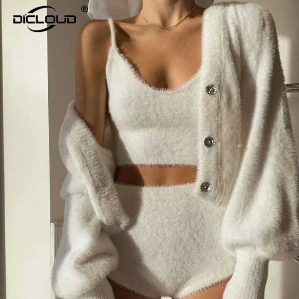 

sweet blogger fashion women faux mink cashmere knit caimi short cardigan set 2021 autumn stylish chic sweater knitwear femme, White